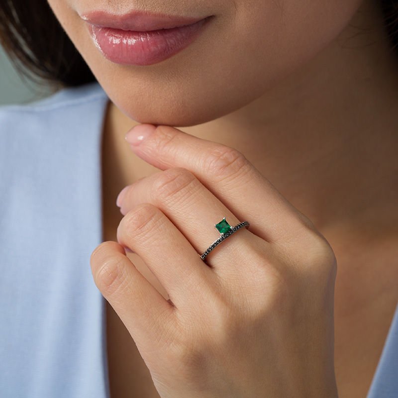 Princess Cut Lab Created Emerald and 0.11 CT. T.W. Black Diamond Ring in Sterling Silver Peoples Jewellers
