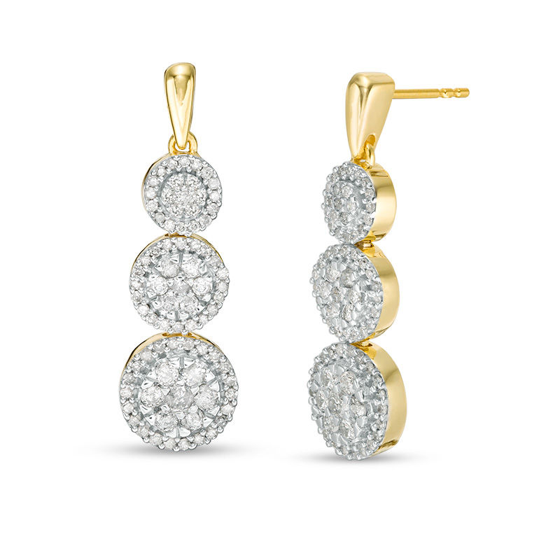 0.95 CT. T.W. Composite Diamond Frame Three-Stone Drop Earrings in 10K Gold