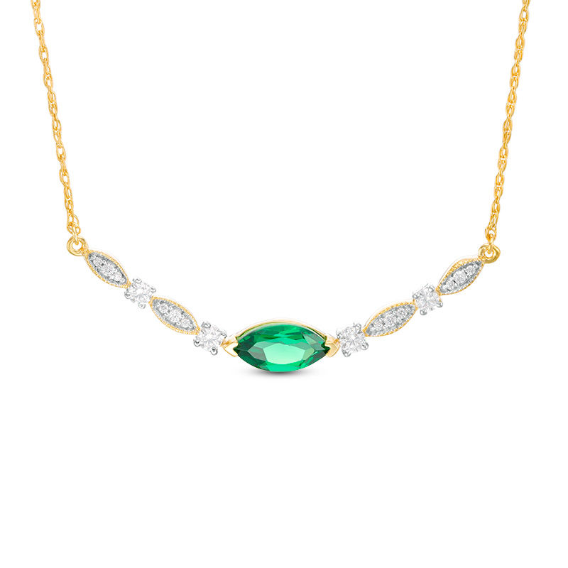 Main Image 1 of Marquise Lab-Created Emerald and 0.18 CT. T.W. Diamond Vintage-Style Necklace in 10K Gold