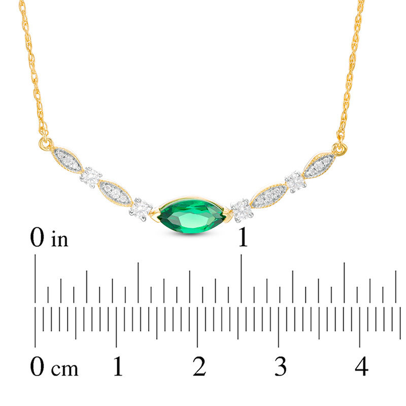 Main Image 2 of Marquise Lab-Created Emerald and 0.18 CT. T.W. Diamond Vintage-Style Necklace in 10K Gold