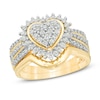 Thumbnail Image 1 of 0.58 CT. T.W. Composite Diamond Sunburst Heart Frame Multi-Row Bridal Set in Sterling Silver with 14K Gold Plate