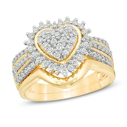 0.58 CT. T.W. Composite Diamond Sunburst Heart Frame Multi-Row Bridal Set in Sterling Silver with 14K Gold Plate