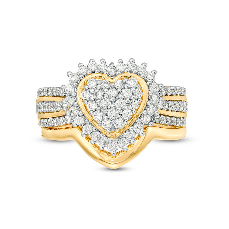 0.58 CT. T.W. Composite Diamond Sunburst Heart Frame Multi-Row Bridal Set in Sterling Silver with 14K Gold Plate