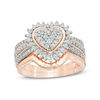 Thumbnail Image 1 of 0.58 CT. T.W. Composite Diamond Sunburst Heart Frame Multi-Row Bridal Set in Sterling Silver with 14K Rose Gold Plate