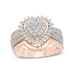 0.58 CT. T.W. Composite Diamond Sunburst Heart Frame Multi-Row Bridal Set in Sterling Silver with 14K Rose Gold Plate