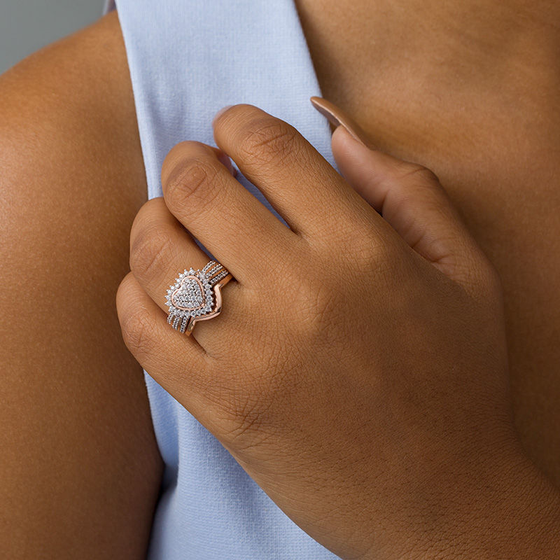 Main Image 2 of 0.58 CT. T.W. Composite Diamond Sunburst Heart Frame Multi-Row Bridal Set in Sterling Silver with 14K Rose Gold Plate