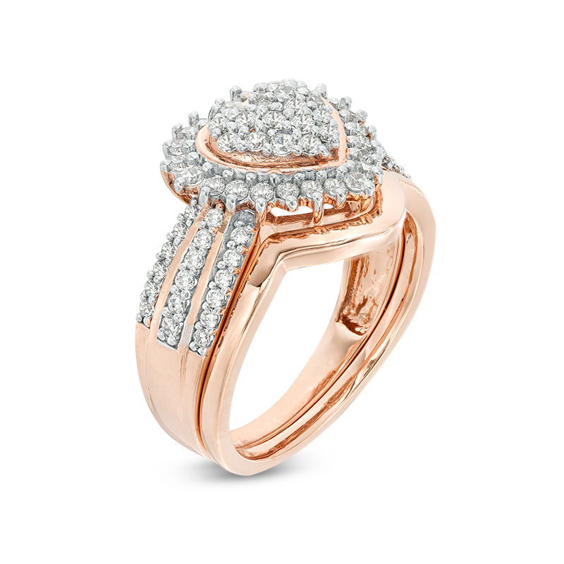 Main Image 3 of 0.58 CT. T.W. Composite Diamond Sunburst Heart Frame Multi-Row Bridal Set in Sterling Silver with 14K Rose Gold Plate