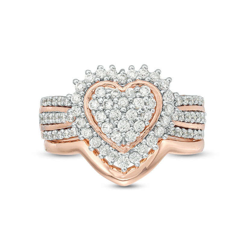 Main Image 4 of 0.58 CT. T.W. Composite Diamond Sunburst Heart Frame Multi-Row Bridal Set in Sterling Silver with 14K Rose Gold Plate