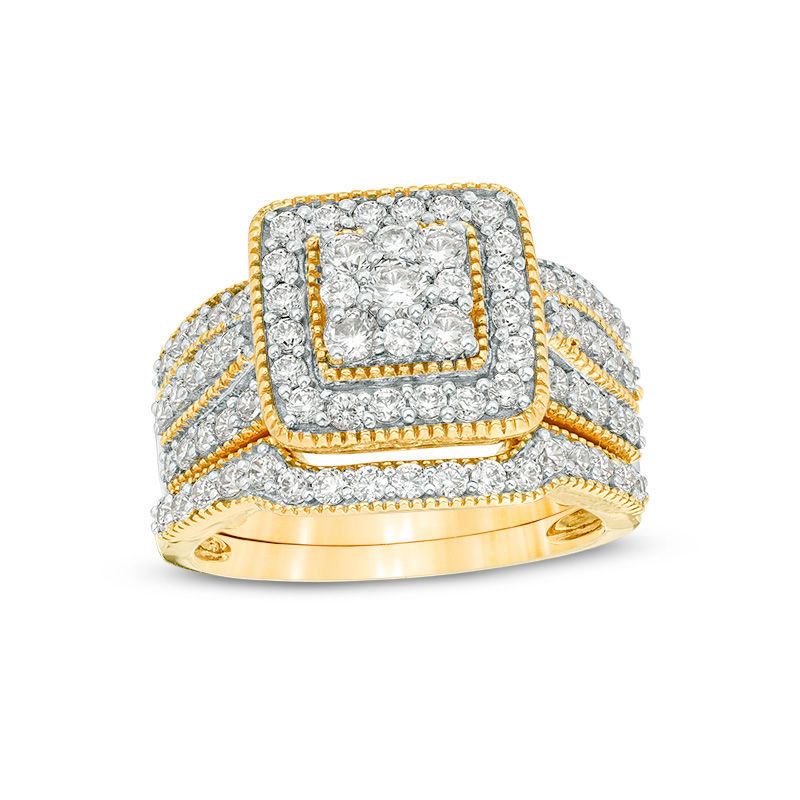 1.23 CT. T.W. Multi-Diamond Square Frame Vintage-Style Multi-Row Bridal Set in 10K Gold