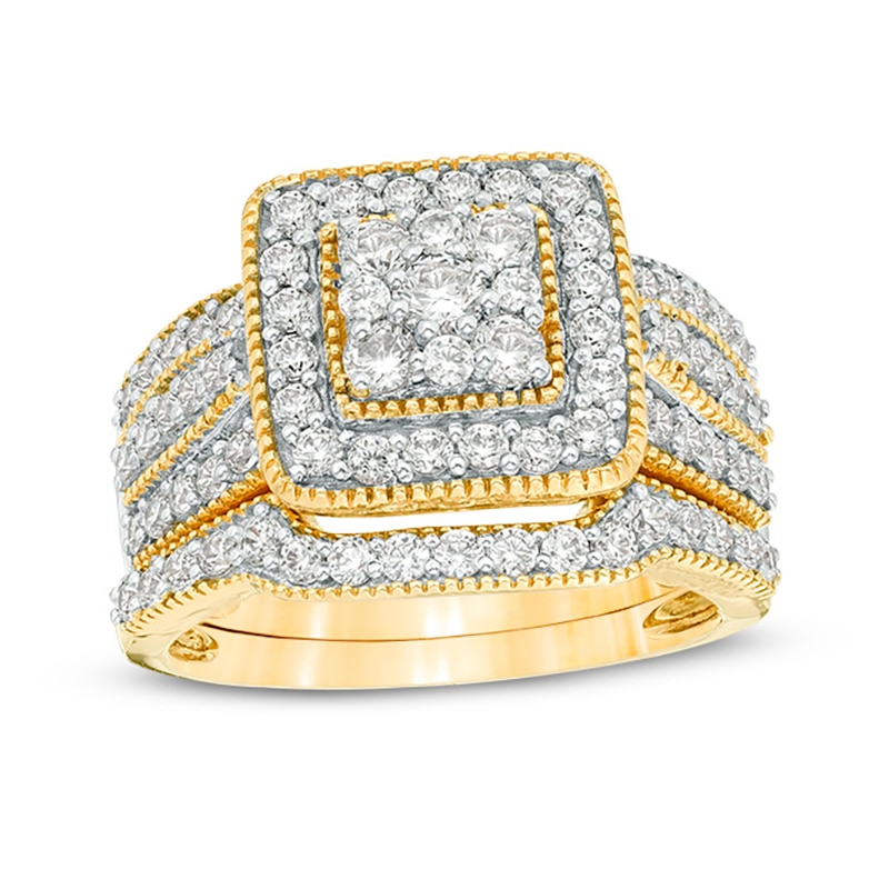 Main Image 1 of 1.23 CT. T.W. Multi-Diamond Square Frame Vintage-Style Multi-Row Bridal Set in 10K Gold