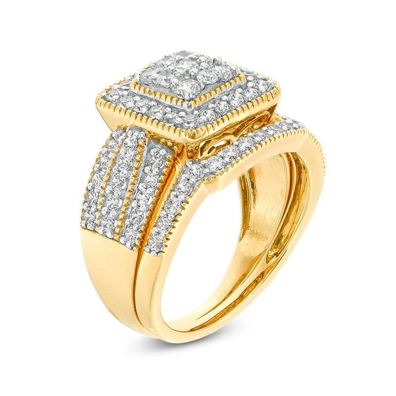 Main Image 3 of 1.23 CT. T.W. Multi-Diamond Square Frame Vintage-Style Multi-Row Bridal Set in 10K Gold