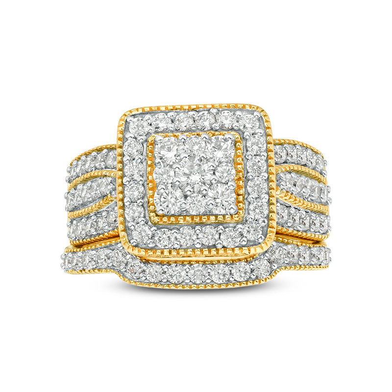 1.23 CT. T.W. Multi-Diamond Square Frame Vintage-Style Multi-Row Bridal Set in 10K Gold