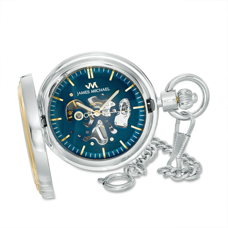 Men's James Michael Two-Tone Pocket Watch with Blue Skeleton Dial (Model: PMA181044C)|Peoples Jewellers