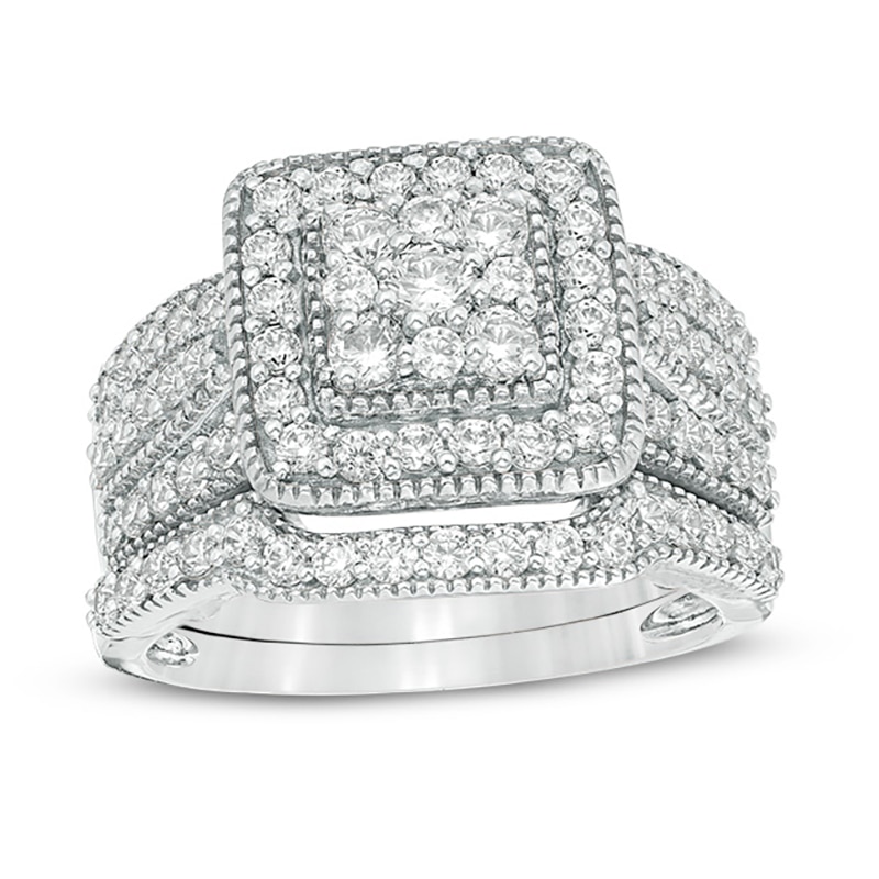 Main Image 1 of 1.23 CT. T.W. Multi-Diamond Square Frame Vintage-Style Multi-Row Bridal Set in 10K White Gold