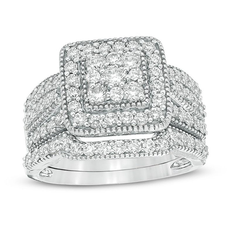 1.23 CT. T.W. Multi-Diamond Square Frame Vintage-Style Multi-Row Bridal Set in 10K White Gold