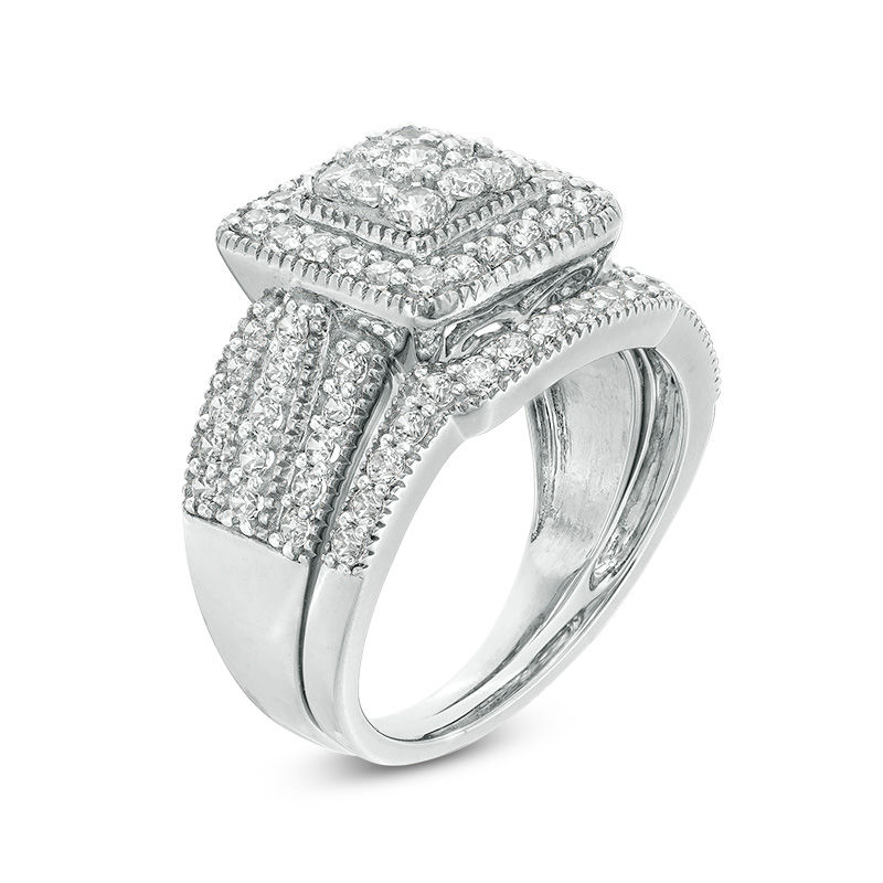 1.23 CT. T.W. Multi-Diamond Square Frame Vintage-Style Multi-Row Bridal Set in 10K White Gold