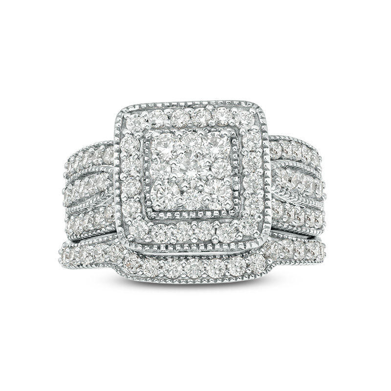 Main Image 4 of 1.23 CT. T.W. Multi-Diamond Square Frame Vintage-Style Multi-Row Bridal Set in 10K White Gold