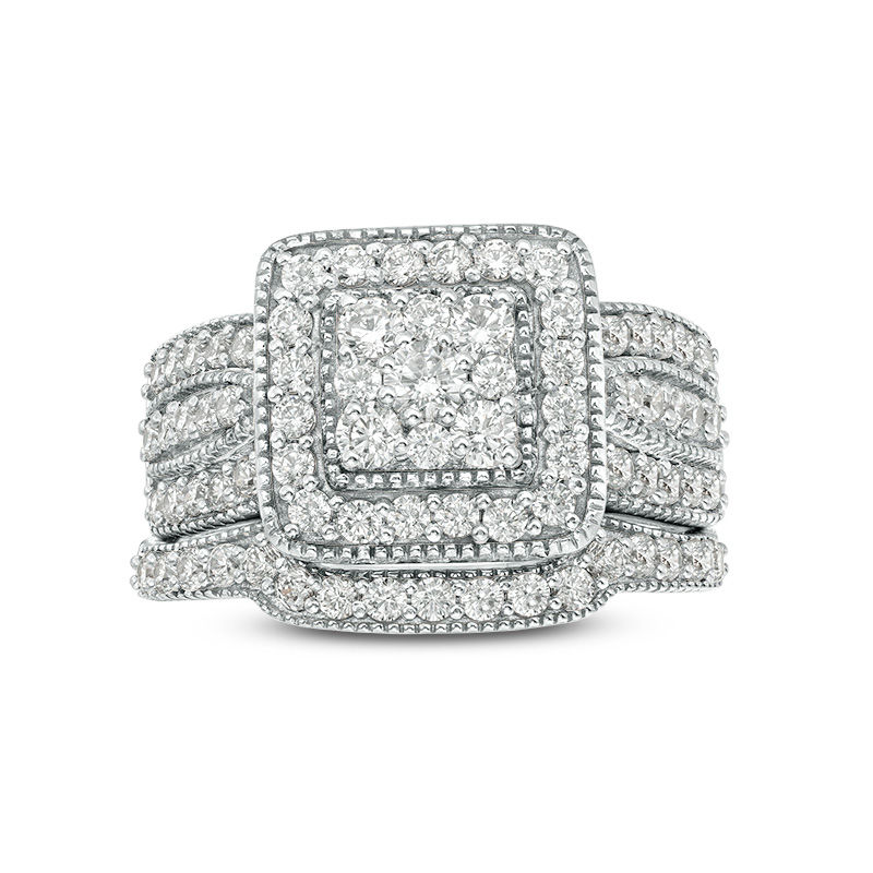 1.23 CT. T.W. Multi-Diamond Square Frame Vintage-Style Multi-Row Bridal Set in 10K White Gold