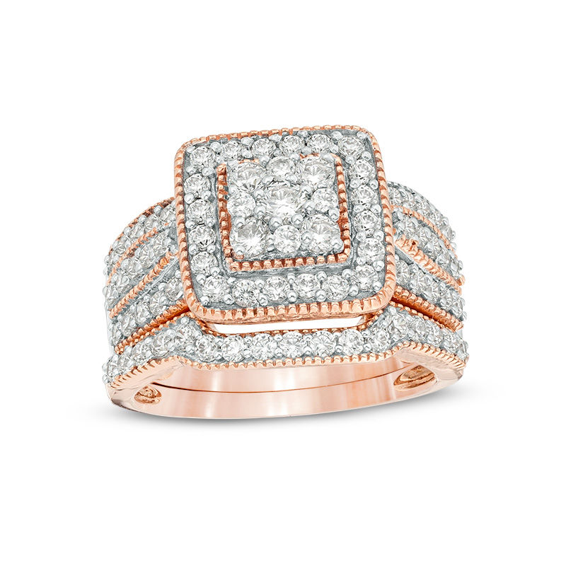 1.23 CT. T.W. Multi-Diamond Square Frame Vintage-Style Multi-Row Bridal Set in 10K Rose Gold
