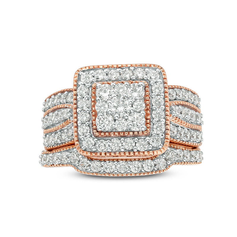 1.23 CT. T.W. Multi-Diamond Square Frame Vintage-Style Multi-Row Bridal Set in 10K Rose Gold