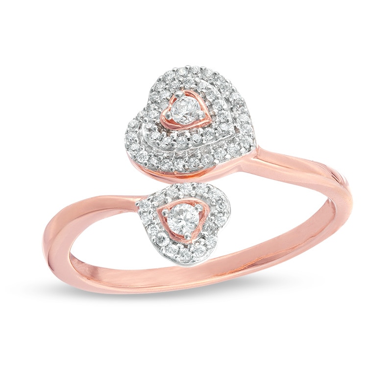 0.23 CT. T.W. Diamond Bypass Double Heart Ring in 10K Rose Gold