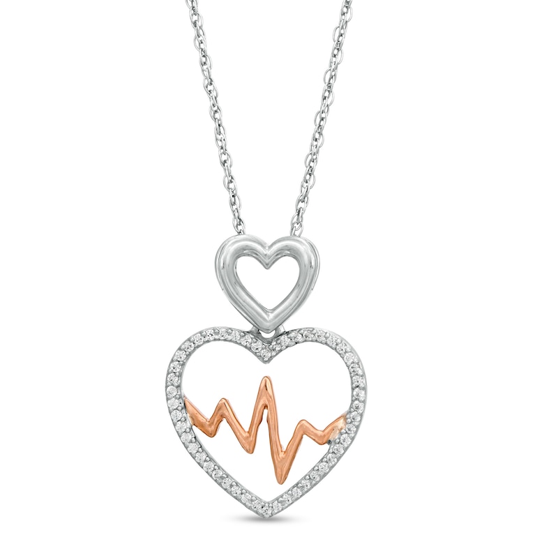 0.148 CT. T.W. Diamond Double Heart and Heartbeat Pendant in Sterling Silver and 10K Rose Gold|Peoples Jewellers