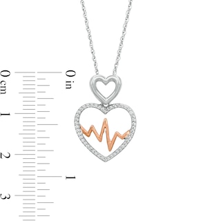 0.148 CT. T.W. Diamond Double Heart and Heartbeat Pendant in Sterling Silver and 10K Rose Gold