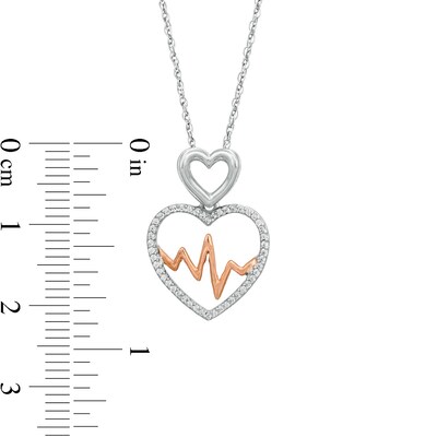 0.148 CT. T.W. Diamond Double Heart and Heartbeat Pendant in Sterling Silver and 10K Rose Gold