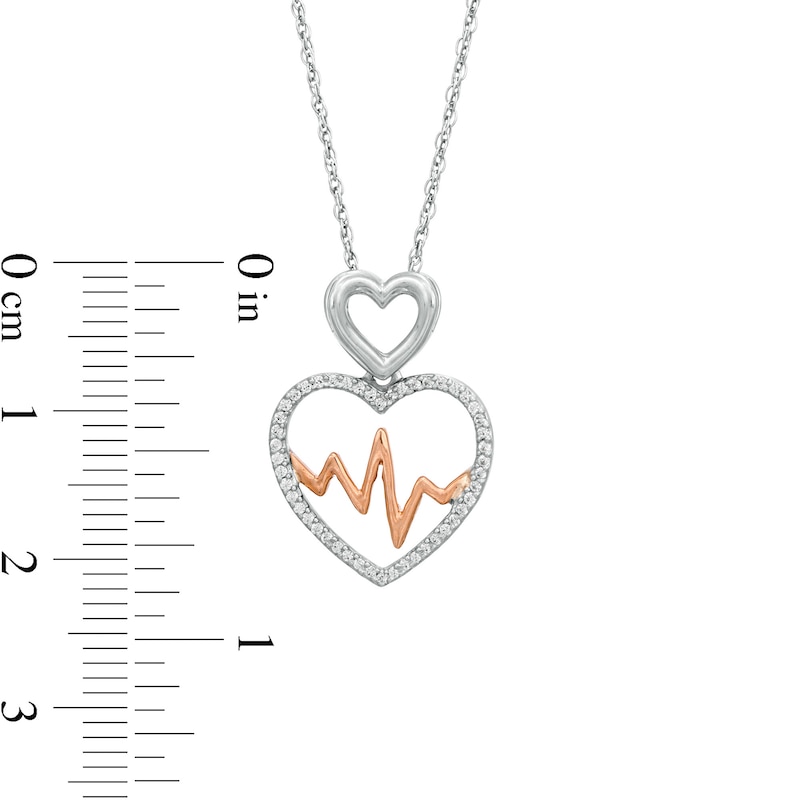 0.148 CT. T.W. Diamond Double Heart and Heartbeat Pendant in Sterling Silver and 10K Rose Gold