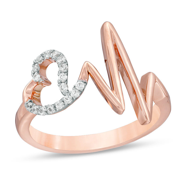0.115 CT. T.W. Diamond Heart and Heartbeat Ring in 10K Rose Gold