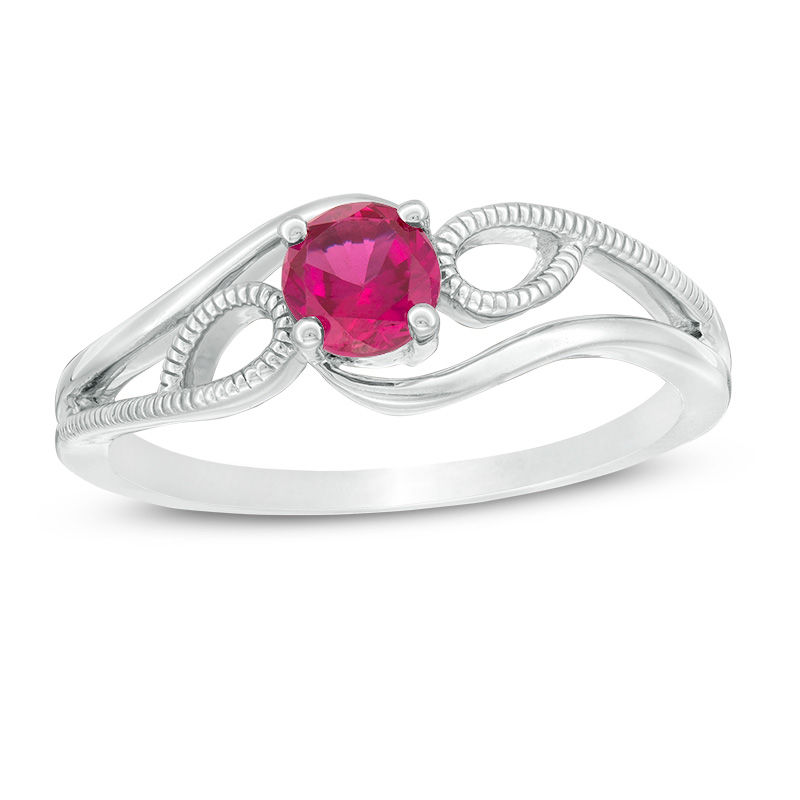 4.0mm Lab-Created Ruby Solitaire Textured Loop Bypass Split Shank Promise Ring in Sterling Silver|Peoples Jewellers