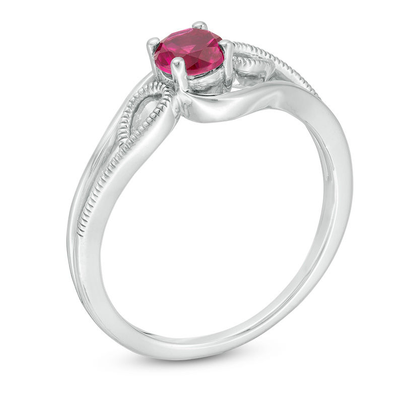 Main Image 2 of 4.0mm Lab-Created Ruby Solitaire Textured Loop Bypass Split Shank Promise Ring in Sterling Silver
