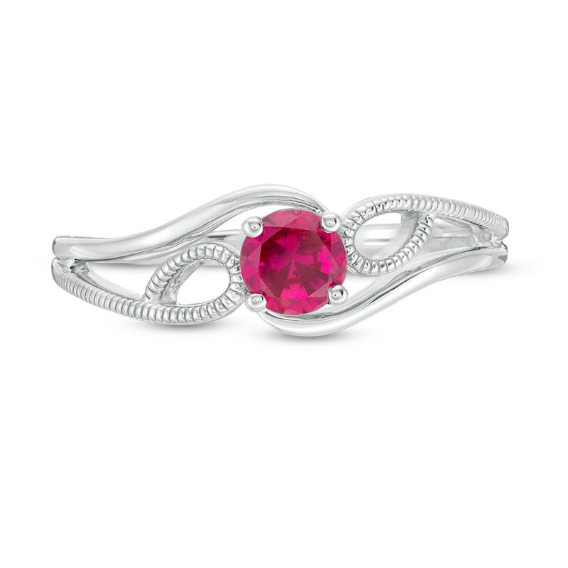 Main Image 3 of 4.0mm Lab-Created Ruby Solitaire Textured Loop Bypass Split Shank Promise Ring in Sterling Silver
