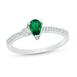 Pear-Shaped Lab-Created Emerald and 0.04 CT. T.W. Diamond Bezel-Set Side Accent Promise Ring in Sterling Silver