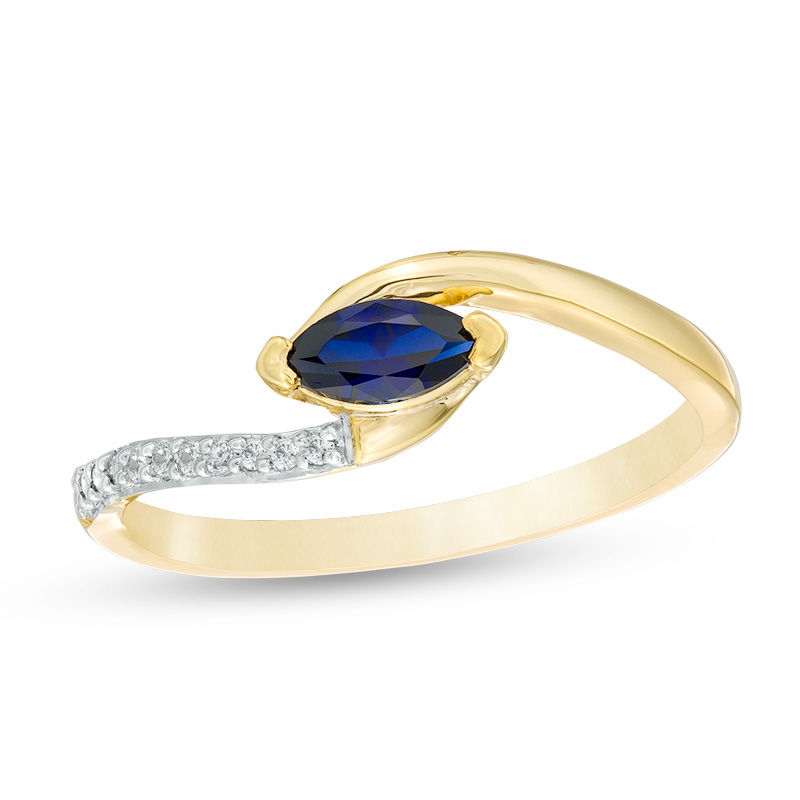 Sideways Marquise Lab-Created Blue Sapphire and Diamond Accent Bypass Promise Ring in 10K Gold|Peoples Jewellers