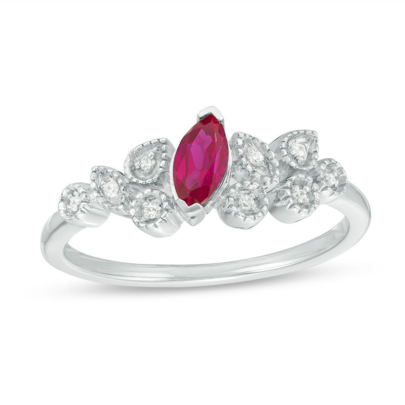Marquise Lab-Created Ruby and Diamond Accent Slant Cluster Vintage-Style Promise Ring in Sterling Silver