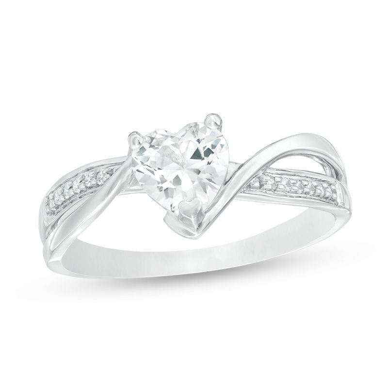 6.0mm Heart-Shaped Lab-Created White Sapphire and 0.04 CT. T.W. Diamond Crossover Bypass Promise Ring in Sterling Silver
