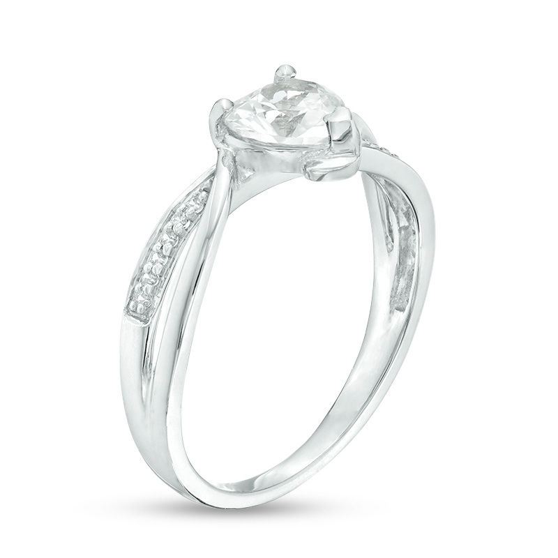 6.0mm Heart-Shaped Lab-Created White Sapphire and 0.04 CT. T.W. Diamond Crossover Bypass Promise Ring in Sterling Silver