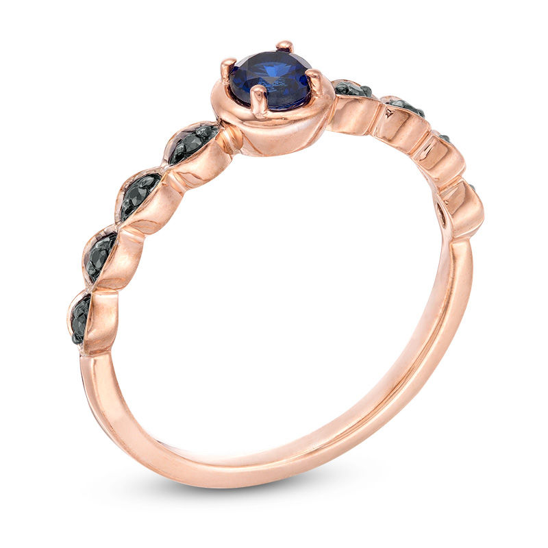 Main Image 3 of Lab-Created Blue Sapphire and 0.04 CT. T.W. Black Diamond Marquise Side Accent Promise Ring in 10K Rose Gold