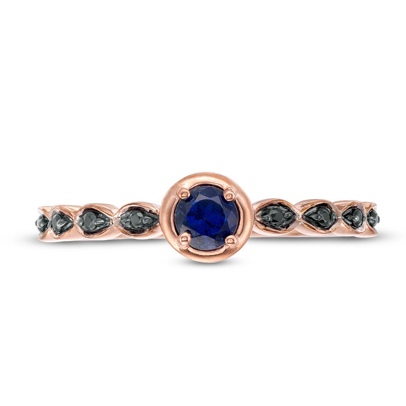 Main Image 4 of Lab-Created Blue Sapphire and 0.04 CT. T.W. Black Diamond Marquise Side Accent Promise Ring in 10K Rose Gold