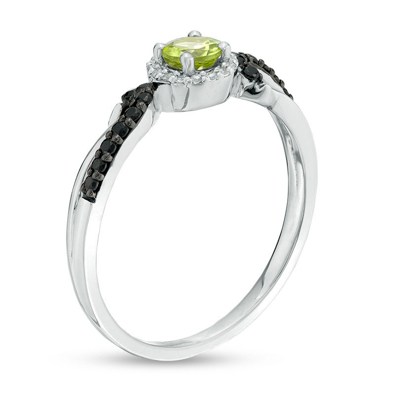Main Image 2 of 4.0mm Peridot and 0.145 CT. T.W. Enhanced Black and White Diamond Frame Crossover Loop Promise Ring in 10K White Gold