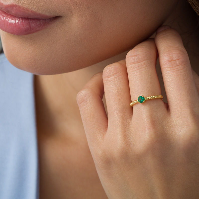 Main Image 2 of 4.0mm Lab-Created Emerald Solitaire Rope Shank Promise Ring in 10K Gold