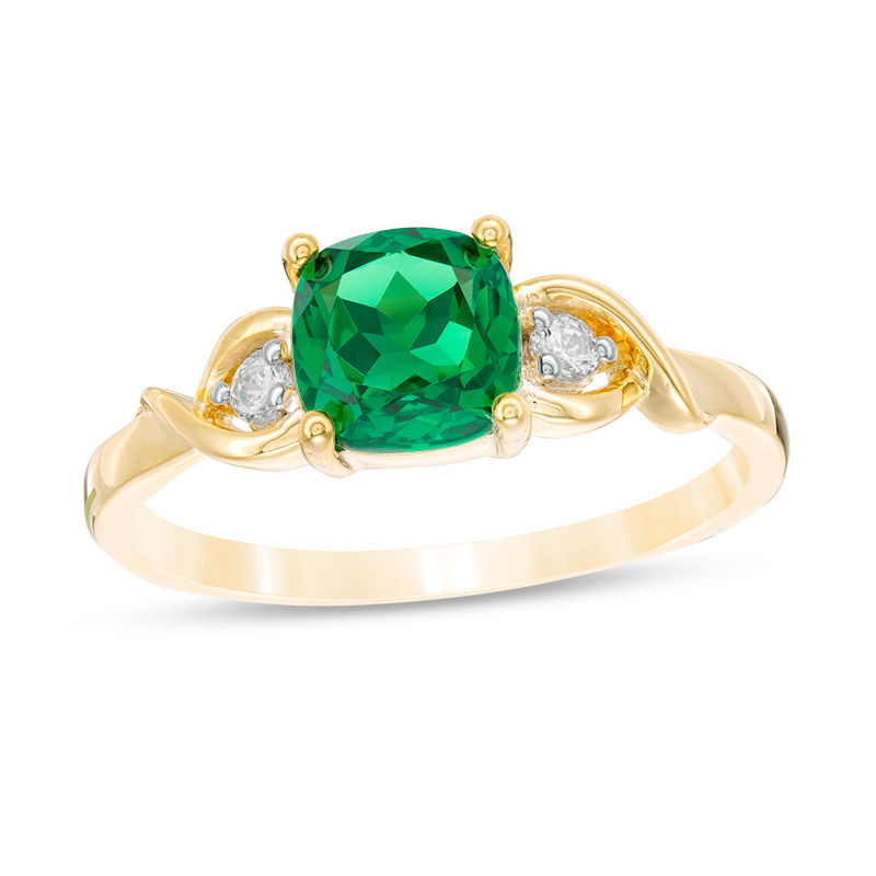 6.0mm Cushion-Cut Lab-Created Emerald and Diamond Accent Crossover Loop Promise Ring in 10K Gold