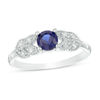 Thumbnail Image 1 of 5.0mm Lab-Created Blue Sapphire and 0.04 CT. T.W. Diamond Leaf-Sides Vintage-Style Promise Ring in 10K White Gold