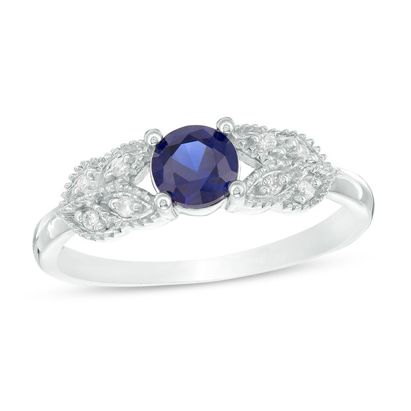 Main Image 1 of 5.0mm Lab-Created Blue Sapphire and 0.04 CT. T.W. Diamond Leaf-Sides Vintage-Style Promise Ring in 10K White Gold