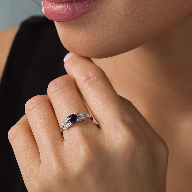 Main Image 2 of 5.0mm Lab-Created Blue Sapphire and 0.04 CT. T.W. Diamond Leaf-Sides Vintage-Style Promise Ring in 10K White Gold