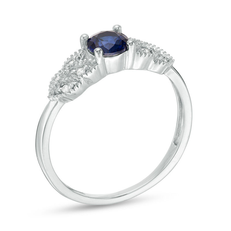 Main Image 3 of 5.0mm Lab-Created Blue Sapphire and 0.04 CT. T.W. Diamond Leaf-Sides Vintage-Style Promise Ring in 10K White Gold
