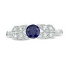 Thumbnail Image 4 of 5.0mm Lab-Created Blue Sapphire and 0.04 CT. T.W. Diamond Leaf-Sides Vintage-Style Promise Ring in 10K White Gold