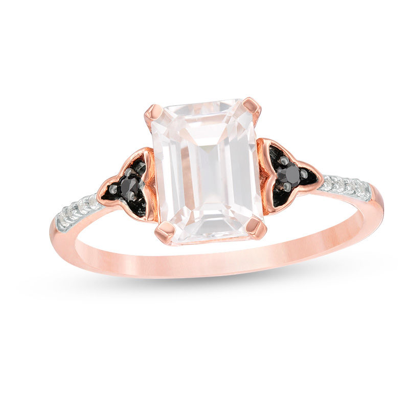 Emerald-Cut Lab-Created White Sapphire and 0.04 CT. T.W. Enhanced Black and White Diamond Promise Ring in 10K Rose Gold