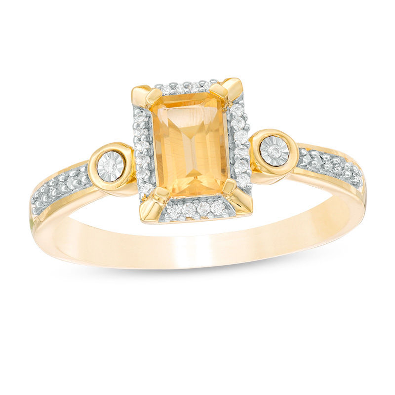 Emerald-Cut Citrine and 0.04 CT. T.W. Diamond Frame Art Deco-Inspired Promise Ring in 10K Gold